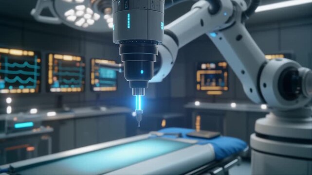 Advanced robotic surgical arm positioned precisely over operating table in high tech medical facility