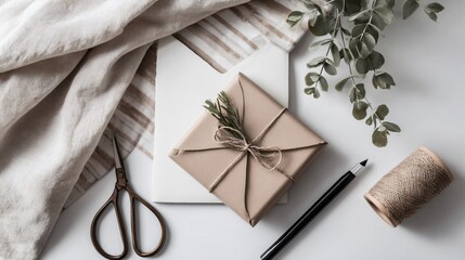 A minimalist tabletop with stationery, neutral wrapping theme