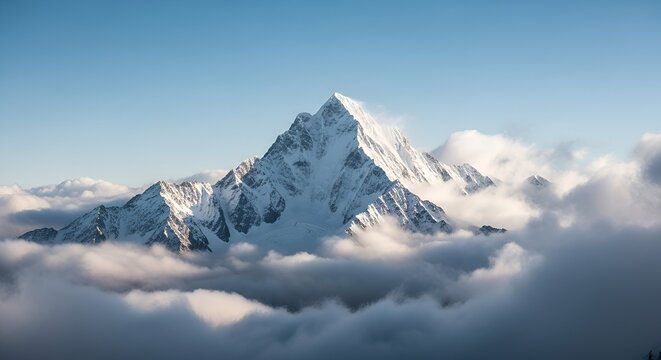 Majestic snow-capped mountain rising above a sea of clouds against a clear blue sky - Powered by Adobe