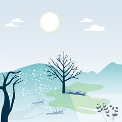 Minimalist Winter Landscape with Bare Trees and Sun