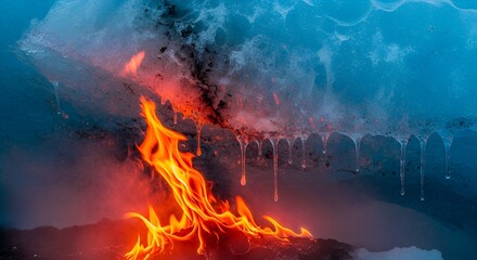 Surreal juxtaposition of fire burning beneath a glacier ice cave formation