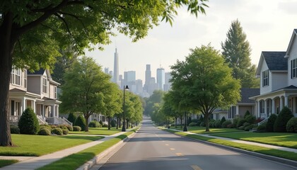 Quiet suburban street extends toward distant city skyline. Lawns, mature trees line road in peaceful residential area. Scene conveys community, sense of calm living with beautiful architecture.