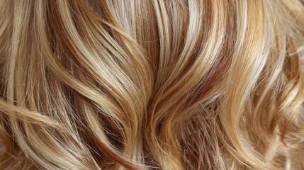 Naklejka premium Close-Up View of Luxurious Wavy Blonde Hair with Highlights Shining in Natural Light, Soft and Shimmering Tresses with Texture and Depth