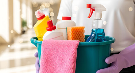 Cleaning Supplies Bucket Holding Pink Gloves Copy Space Vertical