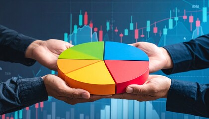 Four hands holding colorful pie chart segments over financial candlestick chart background.