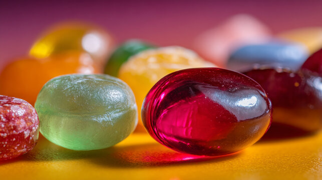 Close up of colorful hard candies on a yellow surface with a blurred background view