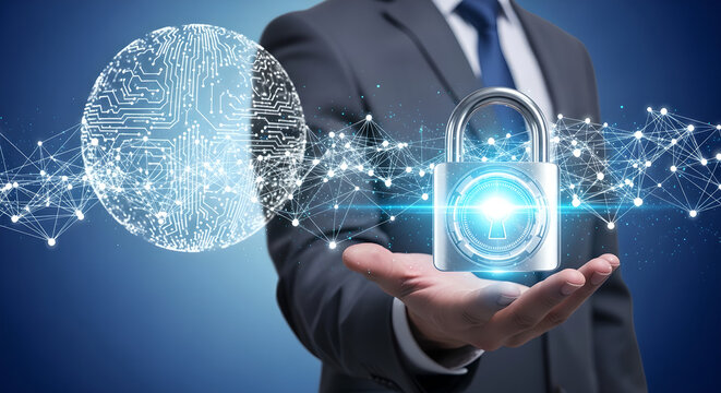 Global Digital Security Network Protection Businessman Hand Copy Space