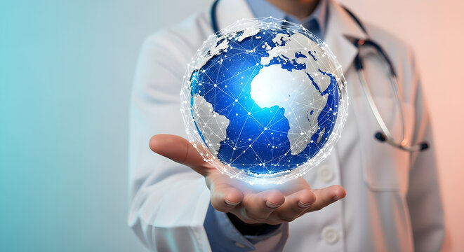 Doctor Holding Global Health Network Globe Copy Space