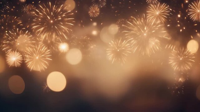 Dreamy bokeh-style fireworks glowing softly in the background with floating sparks. Wide central copyspace for text and elegant festive mood