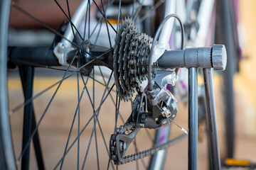 Close-up of a bicycle rear derailleur and cassette on a repair stand, showing gear mechanism, chain tension, and metal components in clear detail