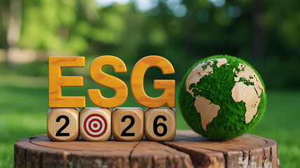 ESG concept with wooden blocks reading 2026 year and Earth sphere model with green background