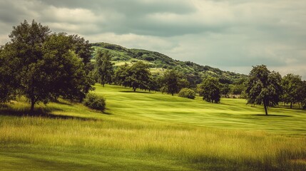 Fototapeta premium Lush Green Golf Course Landscape with Rolling Hills and Overcast Sky Setting for Relaxation and Recreation in Natural Outdoor Environment