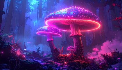 Fototapeta premium Enchanting forest scene with enormous glowing mushrooms illuminating the pathway, bathed in a surreal blue and purple light