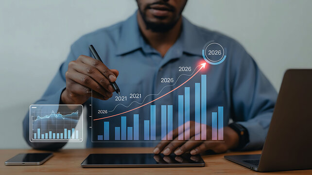 Analyzing future growth projection with digital interface and pen in hand business strategy