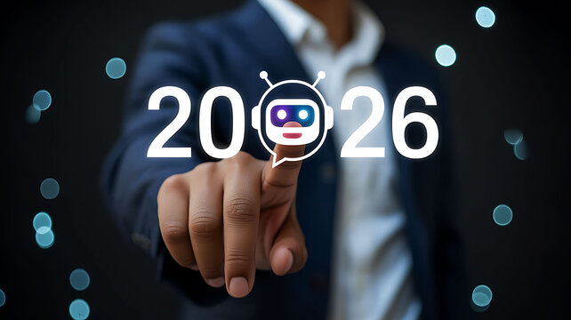 Future of Artificial Intelligence in 2026 Man Touching Robot Icon Technology Concept