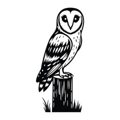 Detailed illustration of a barn owl perched on a wooden post