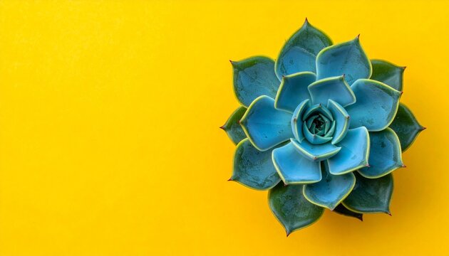Blue-green succulent with yellow-edged leaves on vibrant yellow background, rosette pattern.