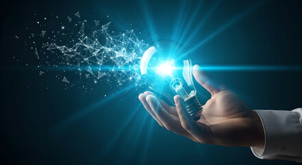 Hand Holding Glowing Light Bulb Idea Innovation Digital Network Copy Space