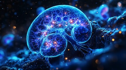 A luminous, abstract rendering of cellular structures, potentially representing tissues or growth, highlighting intricate details with a focus on interconnectedness and scientific visualization.