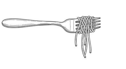 A drawing of spaghetti noodles wrapped around the tines of a fork, isolated on a white background.