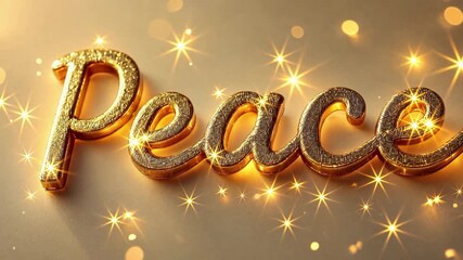 Elegant golden inscription Peace shimmering with sparkling lights and a warm festive glow