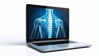 A laptop displaying a digital medical illustration of the human spine and pelvis, with red-highlighted vertebrae and blue skeletal context, suggesting diagnostic or educational use in healthcare techn