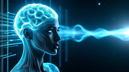 Futuristic Digital Brain and Artificial Intelligence Concept with Glowing Neural Network Pathways and Light Beams on Dark Background