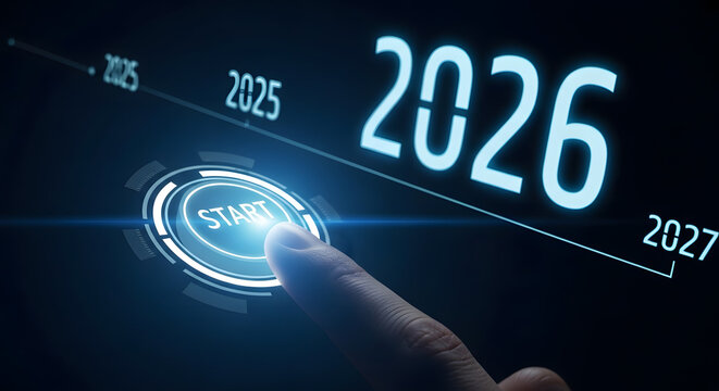 Finger presses glowing start button indicating the beginning of the year 2026
