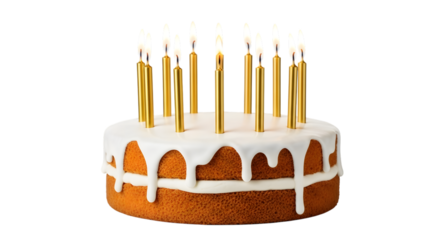Round sponge cake with white frosting and lit gold birthday candles isolated on a transparent background