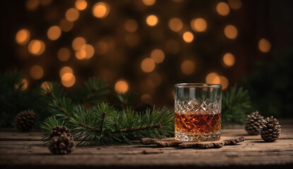 A glass of whiskey on a wooden table with fir branches and pinecones againts bokeh background.