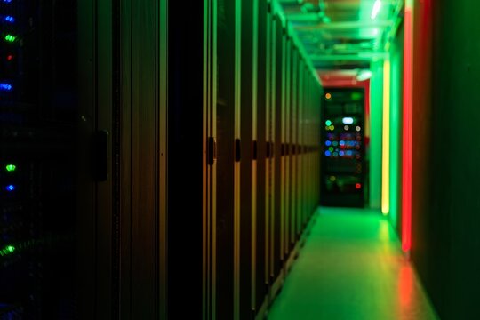 Server Room Rack with Colorful LED Monitoring