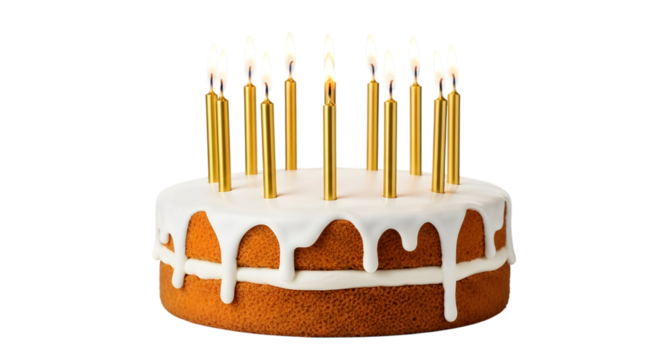 Round sponge cake with white frosting and lit gold birthday candles isolated on a transparent background - Powered by Adobe