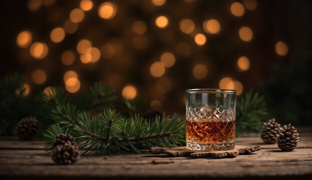 A glass of whiskey on a wooden table with fir branches and pinecones againts bokeh background.