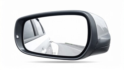 A close-up of a car’s left side mirror reflecting the vehicle’s side and road lane markings, captured in motion, emphasizing driving perspective, safety awareness, and automotive design clarity.