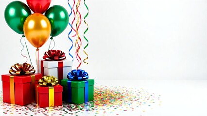 Colorful celebration concept featuring vibrant balloons, wrapped presents with bows, and scattered confetti, perfect for a festive party invitation template or greeting card design