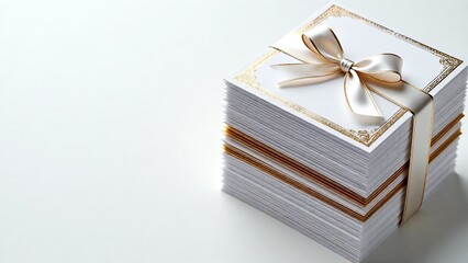 An elegant stack of festive party invitations featuring a classic gold border design, tied beautifully with a shiny golden ribbon bow, isolated on a clean white background for celebrations