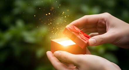 Hands opening a glowing gift box releasing magical sparkling light and particles