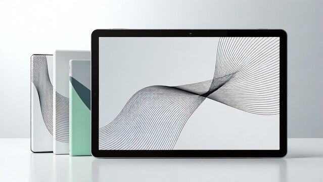 A modern digital tablet displaying a decorative abstract wavy line pattern on its screen, with a collection of similar artistic designs on covers arranged neatly in a bright, minimalist setting
