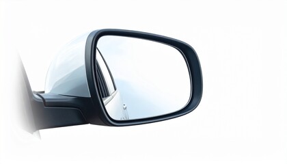 A close-up of a car’s left side mirror reflecting the vehicle’s side and road lane markings, captured in motion, emphasizing driving perspective, safety awareness, and automotive design clarity.