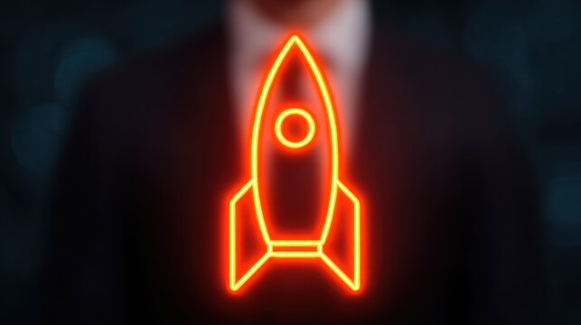 Businessman presenting glowing rocket icon at startup event professional environment innovative concept