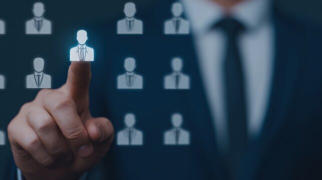 Businessman selecting resumes on virtual hr interface for recruitment standards digital workspace professional perspective