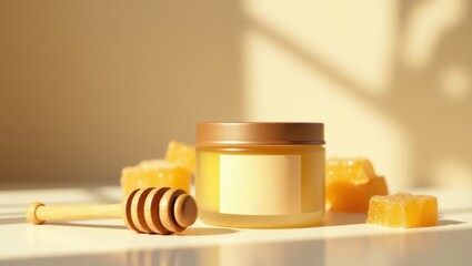 Honey jar with blank label and wooden dipper alongside honeycomb candy on a sunlit table