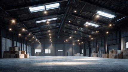 Fototapeta premium Spacious and Empty Warehouse Interior with High Ceilings and Bright Skylights, Ideal for Storage or Industrial Use in Urban Setting