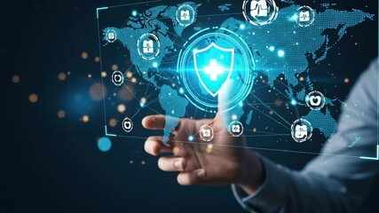 Modern cybersecurity concept safeguarding global health data and medical information across a futuristic digital network interface, illustrating advanced technological protection - Powered by Adobe
