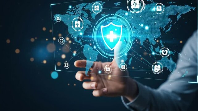 Modern cybersecurity concept safeguarding global health data and medical information across a futuristic digital network interface, illustrating advanced technological protection - Powered by Adobe