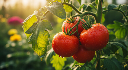 Obraz premium Tomatoes on trees in field with warm sunlight natural sunny day background, Tometo growing in field