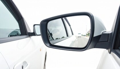 A close-up of a car’s left side mirror reflecting the vehicle’s side and road lane markings, captured in motion, emphasizing driving perspective, safety awareness, and automotive design clarity.
