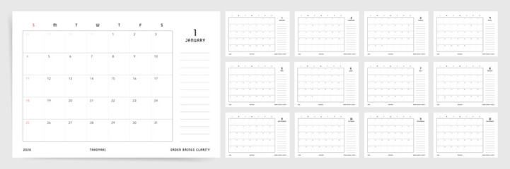 Calendar 2026 planner, Monthly Calendar layout for 2026 year with notes. Simple wall diary planner, Sunday start.
