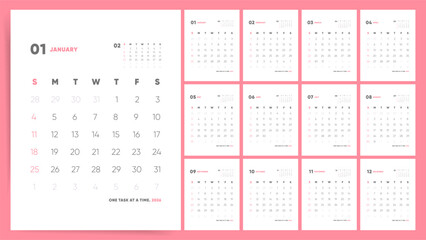 Vertical Calendar 2026. One Task at a Time Calendar 2026. Minimal Pink Monthly Wall Planner, Sunday Start.
