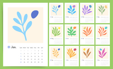 Botanical Green Calendar 2026. Abstract Leaf Wall Poster Planner Calendar 2026 with Sunday Start.
